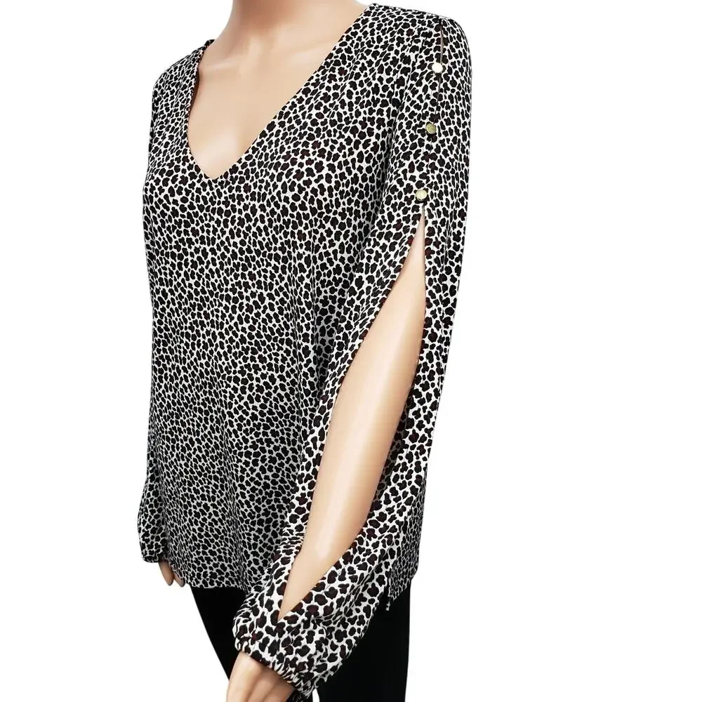 NWT MICHAEL KORS Arm Slit Animal Print Top Blouse Women L V-Neck Ruby Black